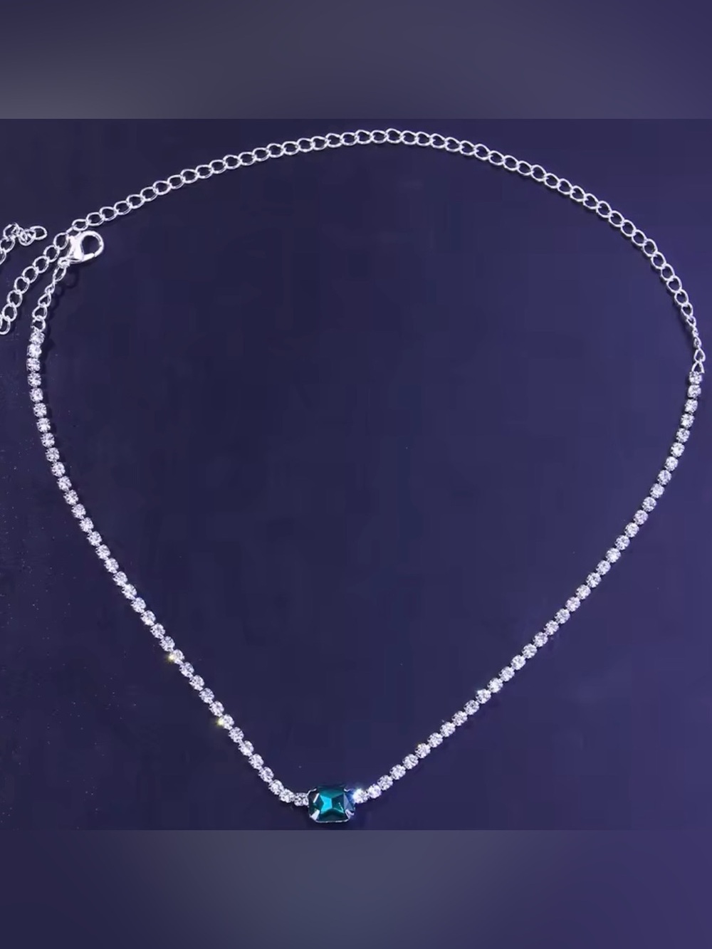 Silver Tennis Necklace with Teal Square Crystal Pendant